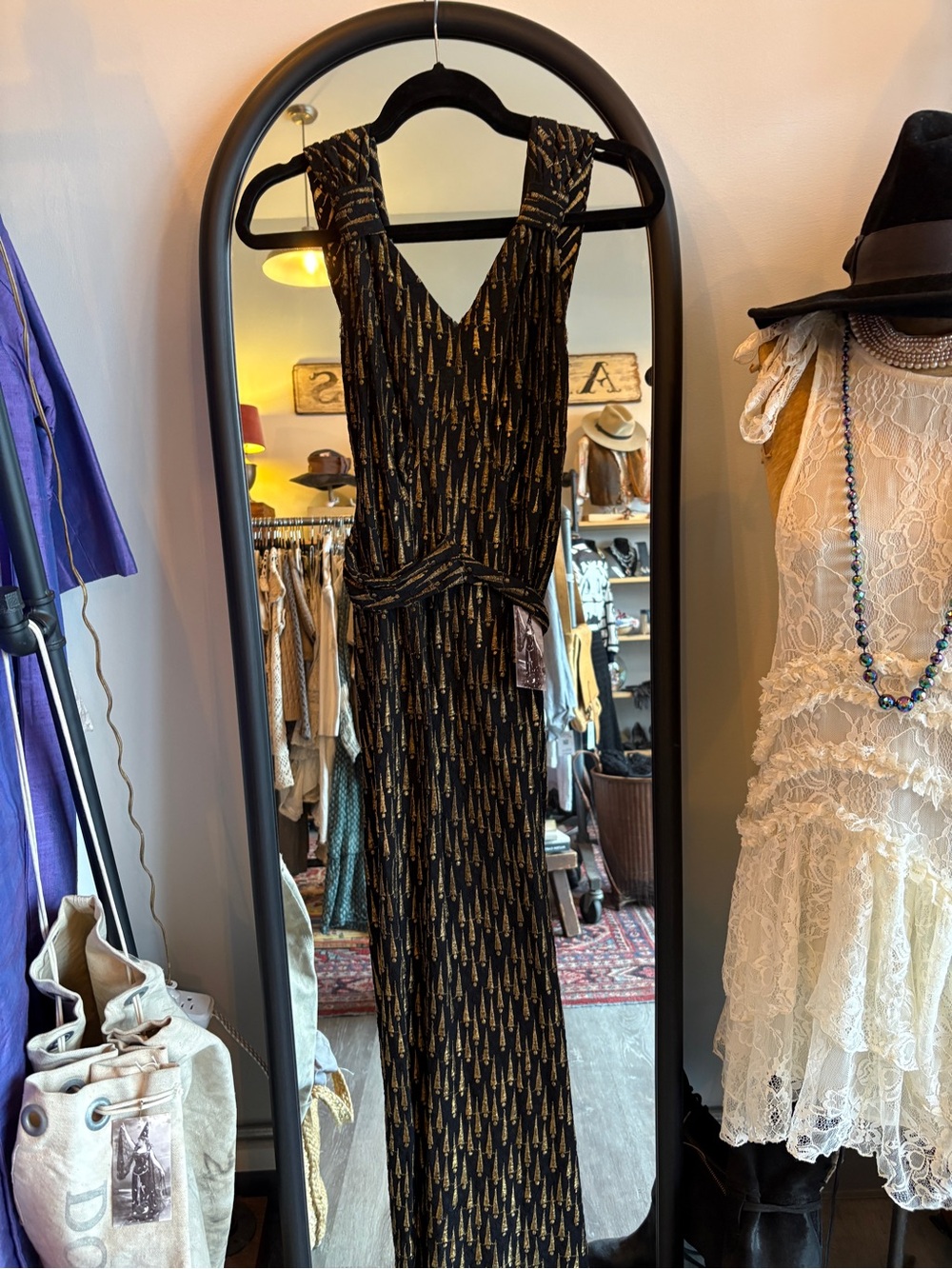 Art Deco 1930’s Vintage Black Maxi Dress with Gold Accents